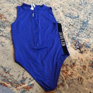Calvin Klein blue zipper top high thigh one piece bathing suit